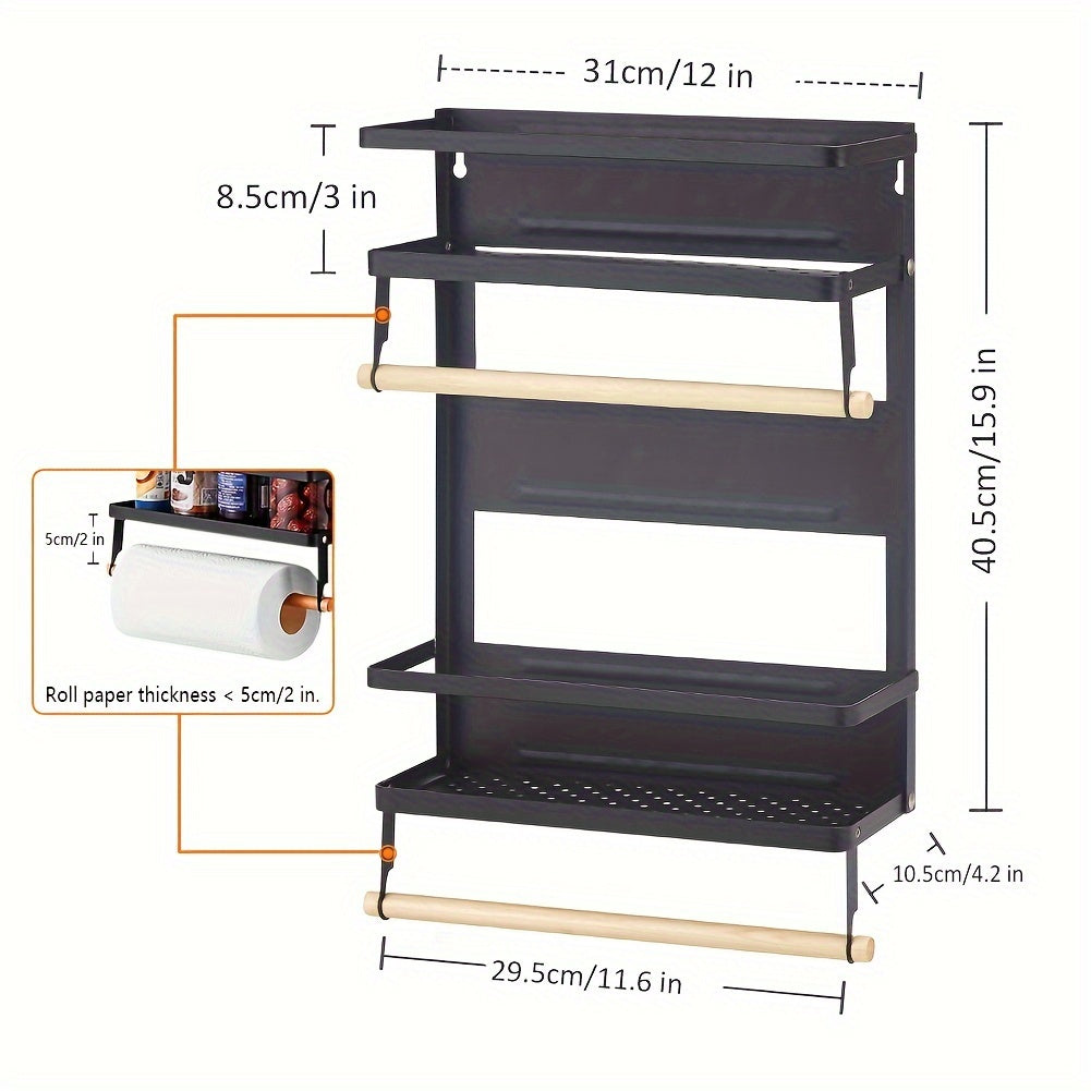 Kitchen Essential – Magnetic Fridge Organizer Spice Rack with Paper Towel Holder And 5 Extra Hooks, 3 Tier Magnet Refrigerator Shelf In Kitchen Holds Up to 45 LBS, Black, Utility Racks for M