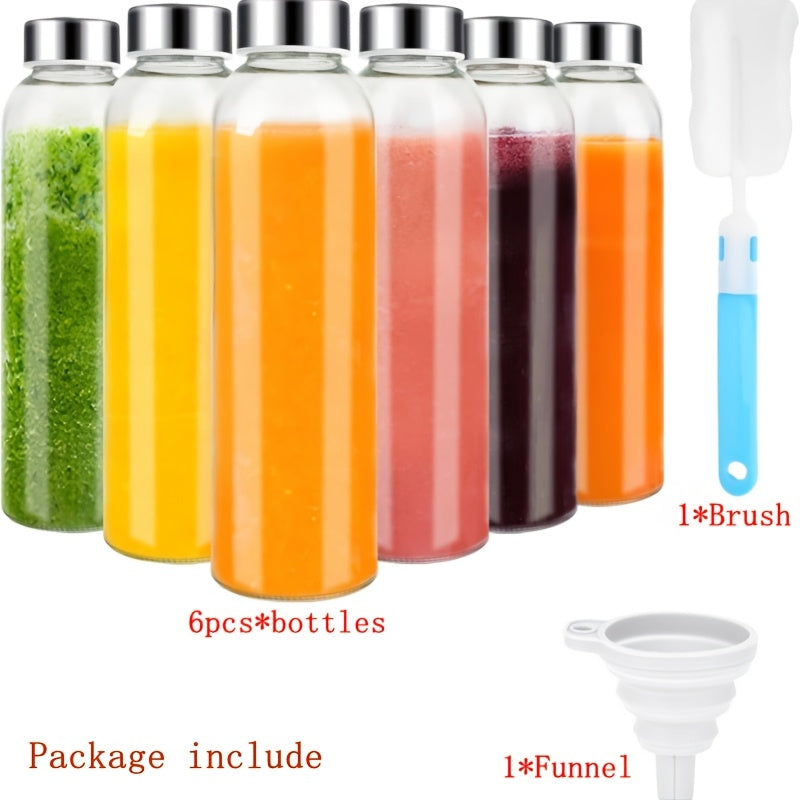 [6 Pack] 18oz Glass Water Bottles with Lids - Reusable Glass Juicing Bottles with Stainless Steel Caps, 100% Leak Proof Juice Containers for Refrigerator, Smoothies, Beverages, Includes Cleaning Brush & Funnel, BPA Free