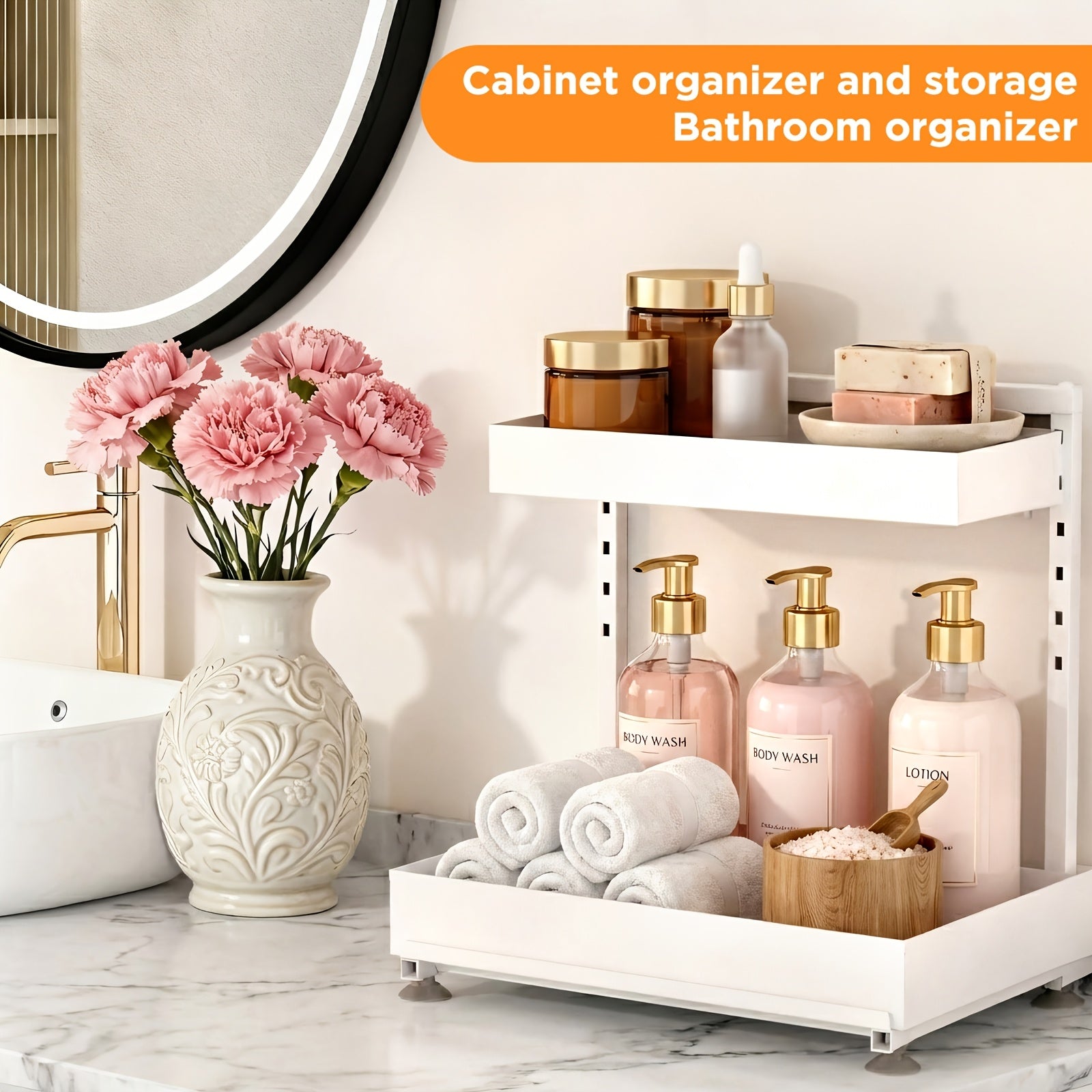 2-Pack Under Sink Organizer, 2-Tier Pull-Out Storage Rack, Adjustable Metal Cabinet Organizer for Kitchen Bathroom Pantry