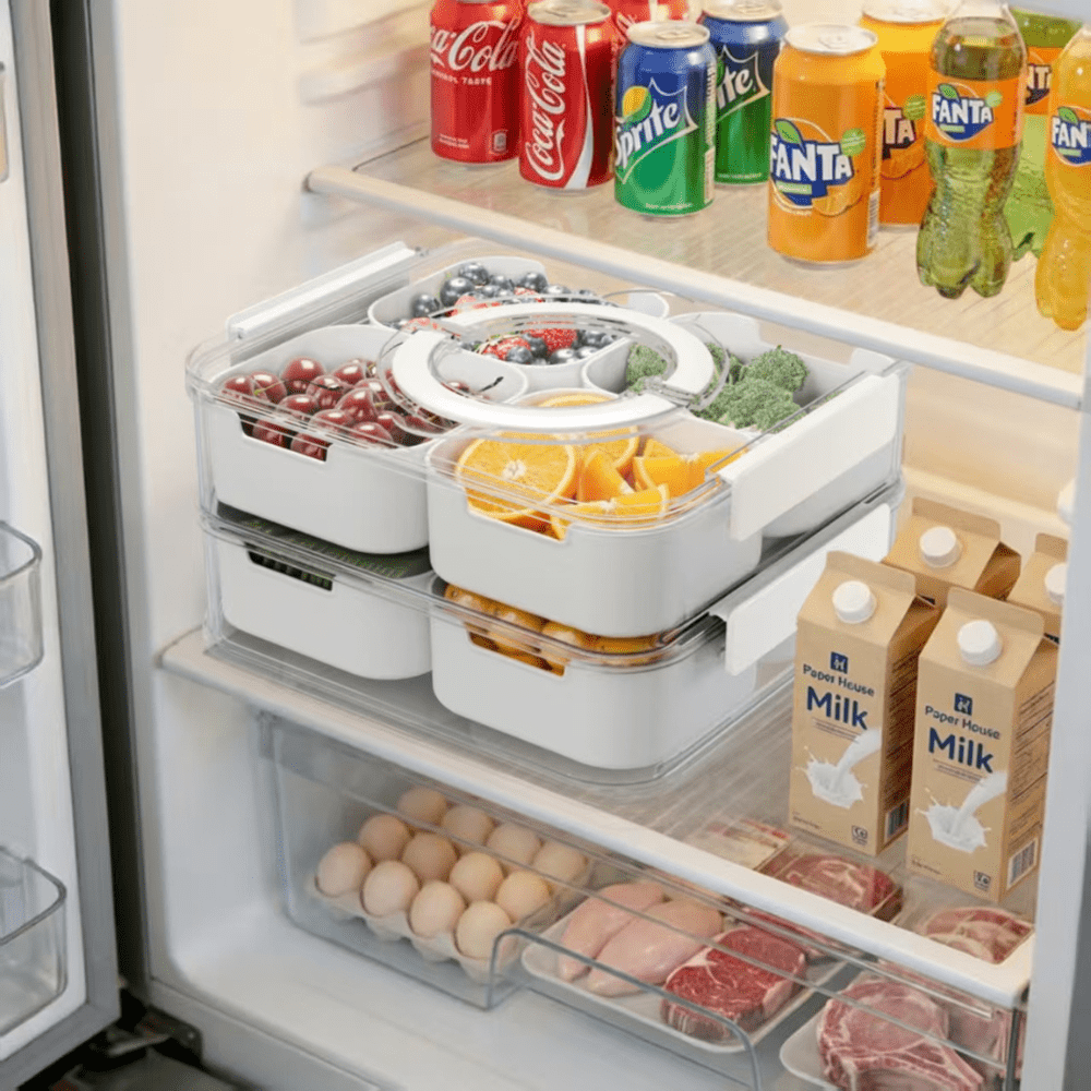 Space-Saving Refrigerator Storage Organizer – easy-access fridge organization, 2-Tier 8 Compartment Stackable Fridge Fruit Storage Containers with Lid and Foldable Handle Snackle, designed for American homes, daily convenience and practical gifting