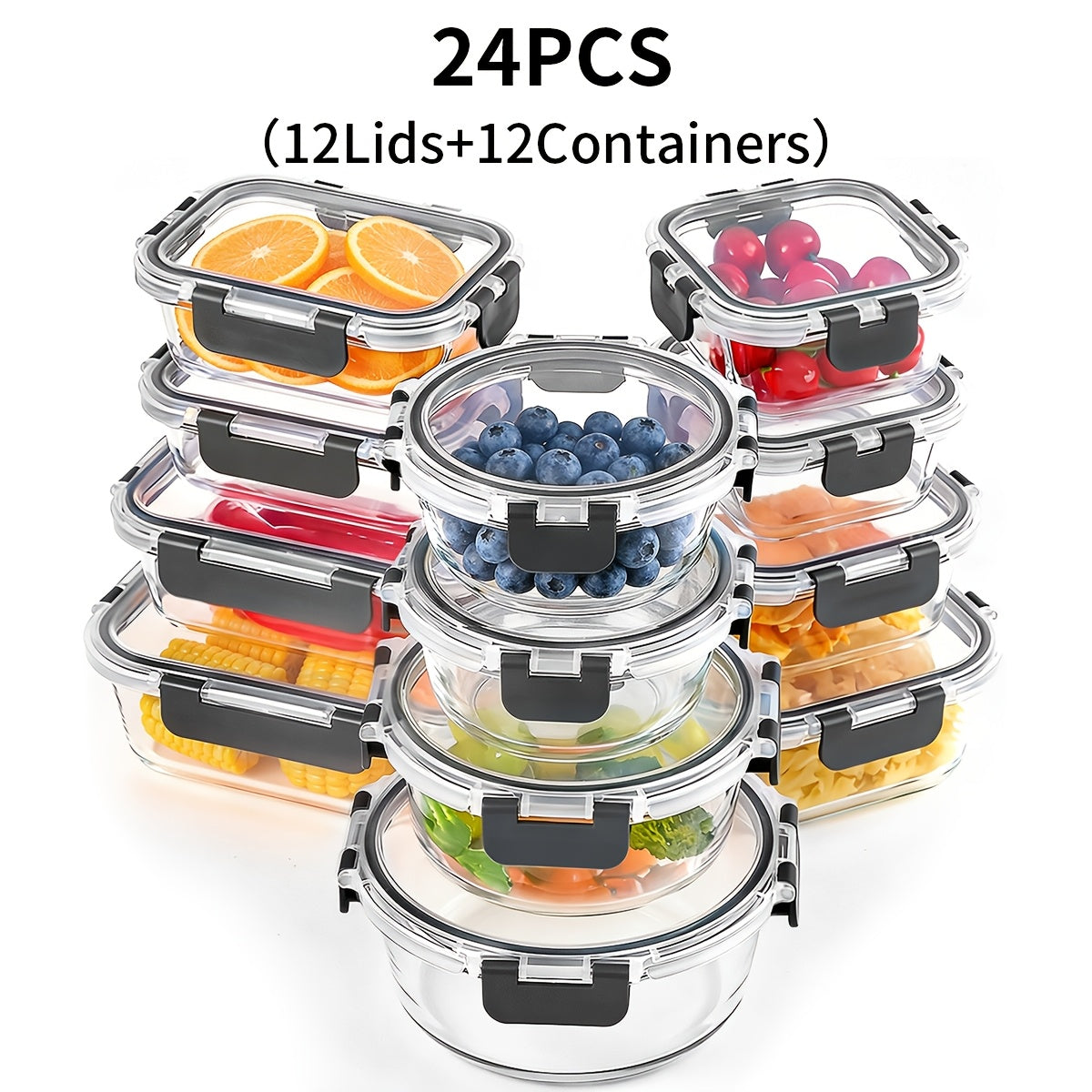 Versatile 24pcs Glass Meal Prep Container Set – leak-resistant reusable meal prep, 24pcs Glass Food Storage Containers with Lids Meal Prep Pantry Kitchen Storage Containers for, designed for American homes, daily convenience and practical gifting
