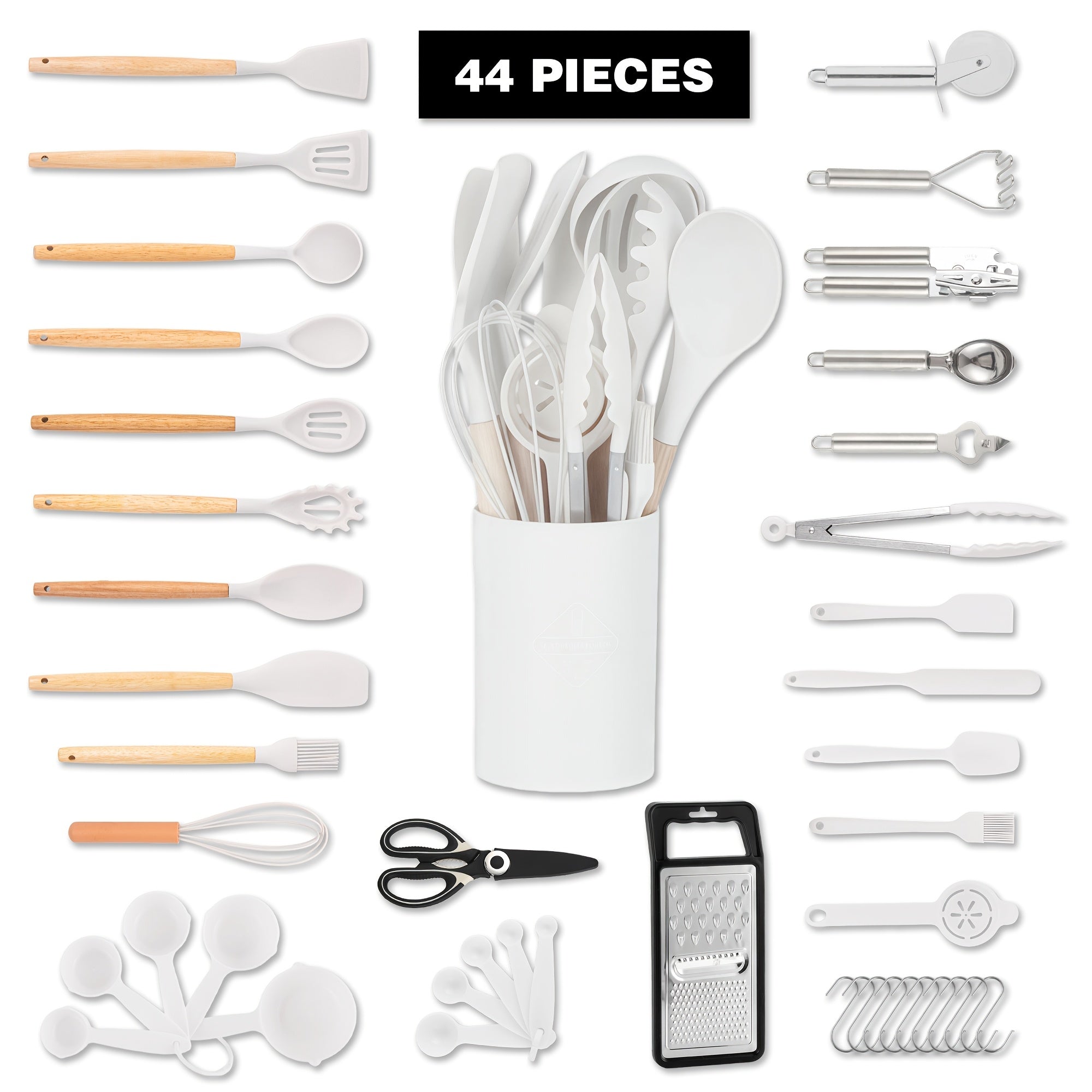 Kitchen Essential – 44pcs Silicone Kitchen Utensil Set with Holder, Nonstick Cooking Utensils, Wooden Handle Kitchen Tools, Spatula Turner Spoon Tongs Whisk Measuring Cups, Kitchen Accessori