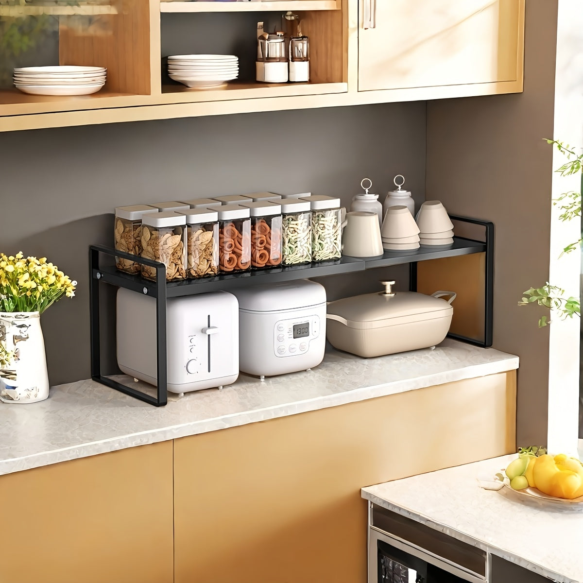Home Organizer – Adjustable Extendable Metal Cabinet Organizer Rack-Space-Saving Stackable Design