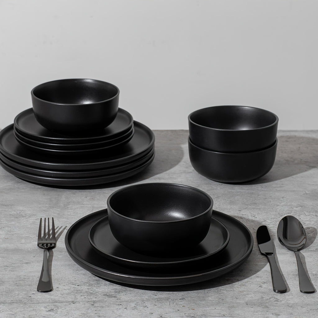 12pcs Matte Black Stoneware, Scratch  Stylish Straight Shapes Plates And Bowls, Christmas Kitchen Accessories, Service for 4, Minimalist Round Style, Microwave And Dishwasher Safe