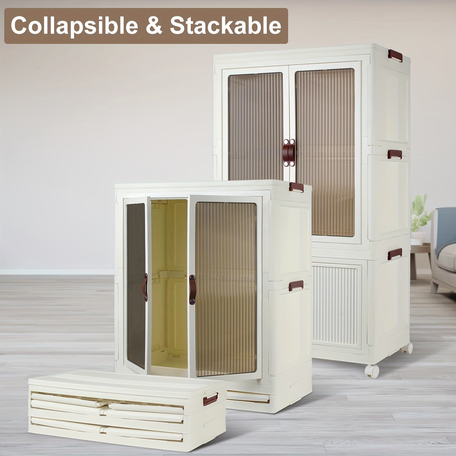 Portable Closet Wardrobe, Folding Storage Bins with Lid, Closet Organizers And Storage, Stackable Storage Box with Hanging Rod And Doors, Collapsible Plastic Clothes Cabinet with Wheels, 10 Hangers