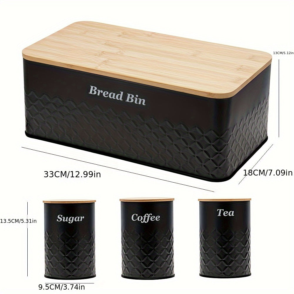 Black Bread Box With Tea Coffee Sugar Canisters