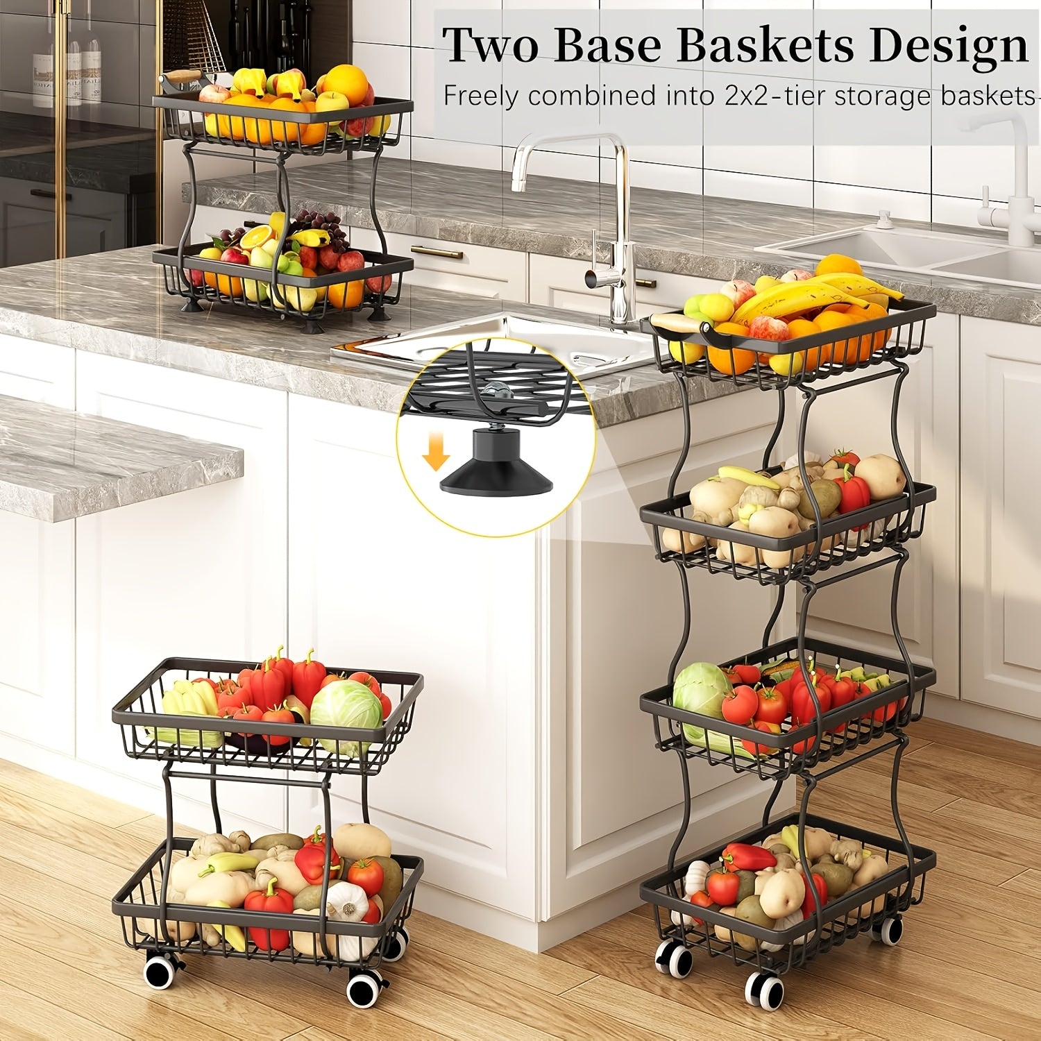 4/5 Layer Fruit And Vegetable Basket, Stackable Metal Storage Cart (with Wheels), Rotating Storage Rack, Narrow Gap Cart, Corner Rack, Open Shelf | Suitable For Kitchen, Pantry, Bathroom, Floor Standing Food Storage Machine