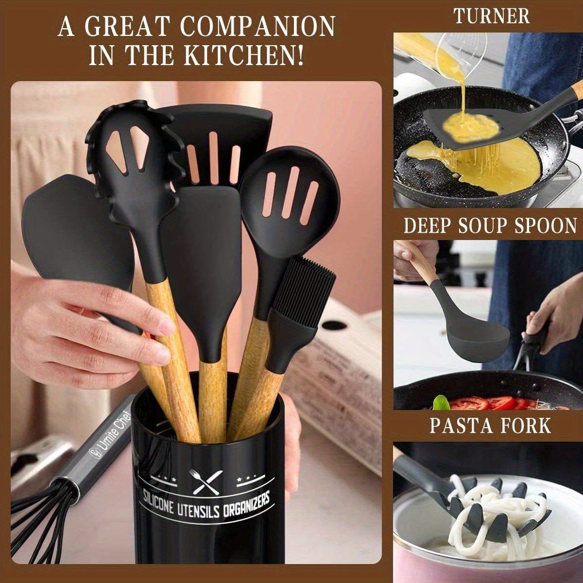 Kitchen Utensils Set- 34pcs Silicone Cooking Utensils With Holder, Heat Resistant Kitchen Utensil Spatula Set For Nonstick Cookware, Black Wooden Handles Kitchen Gadgets Tools Set Father Gift