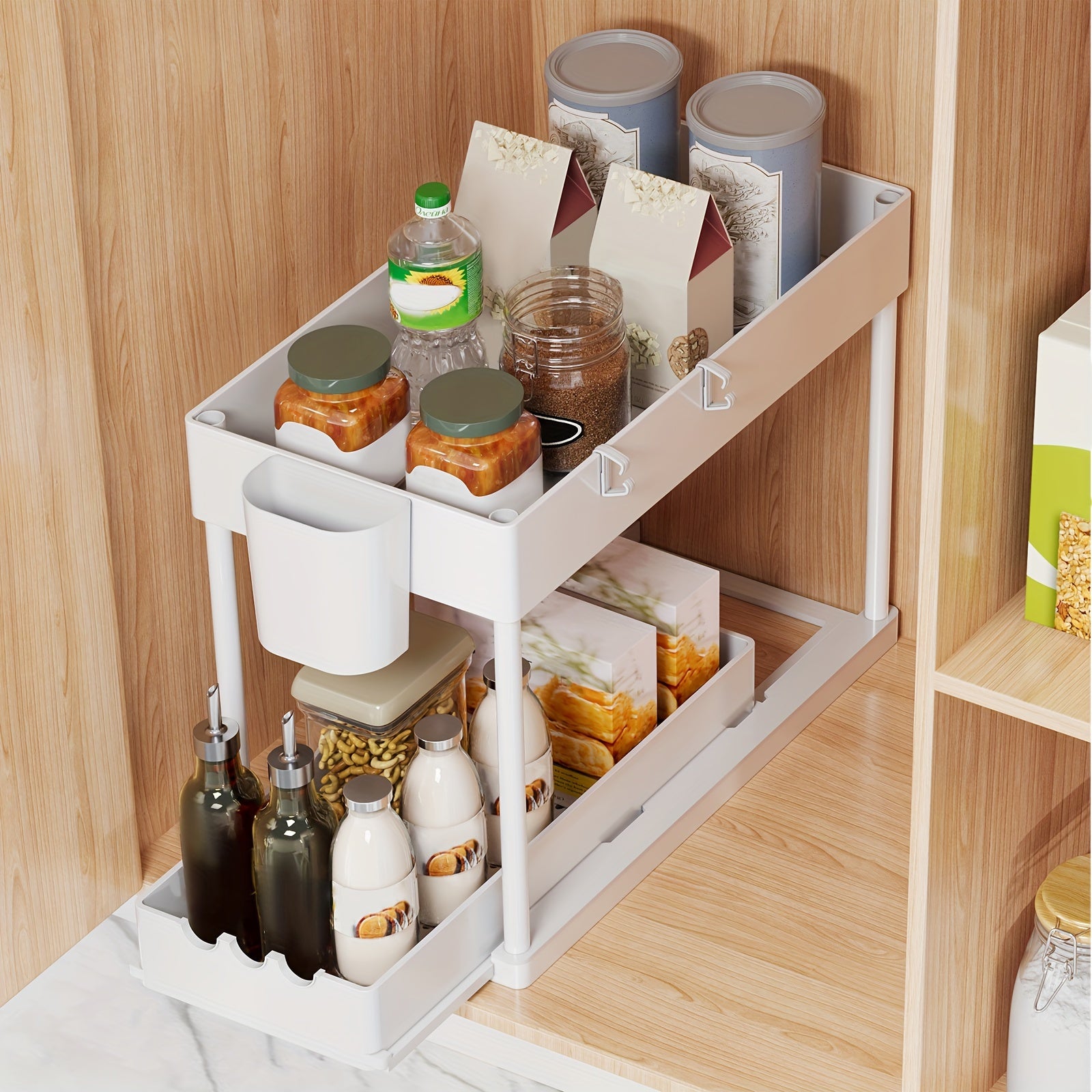 2pcs Pull Out Under Sink Organizers And Storage Rack for Kitchen & Bathroom, Plastic Layered Cabinet Organizer, Kitchen Organize