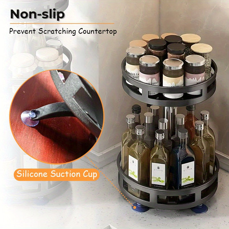 2-Tier Rotating Spice Organizer: 360° Adjustable Metal Turntable for Seasoning Jars & Condiments - Space-Saving Kitchen Storage Solution for Countertops & Cabinets