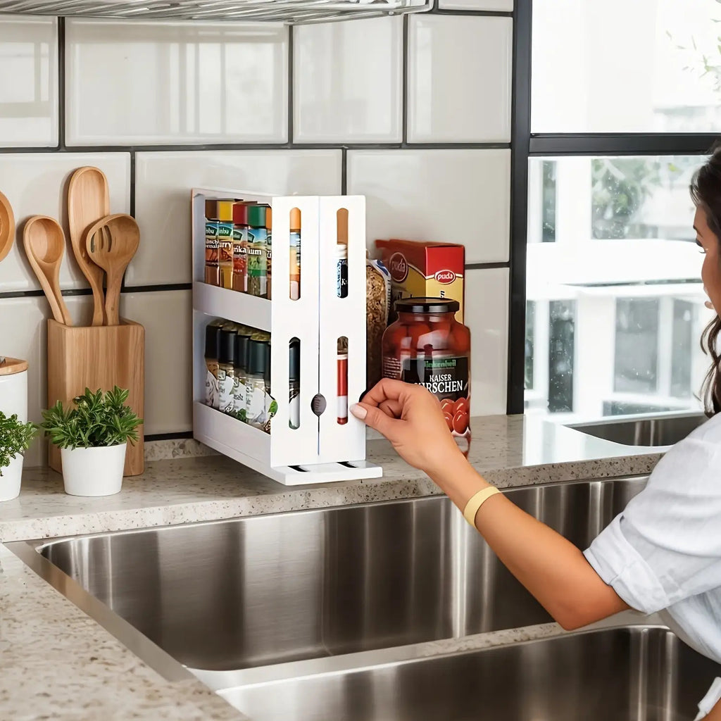 1 Large Capacity Kitchen Organizer - 2-Tier Rotating Spice Rack, Suitable for Countertops and Cabinets, Multi-functional Pull-out Storage Rack
