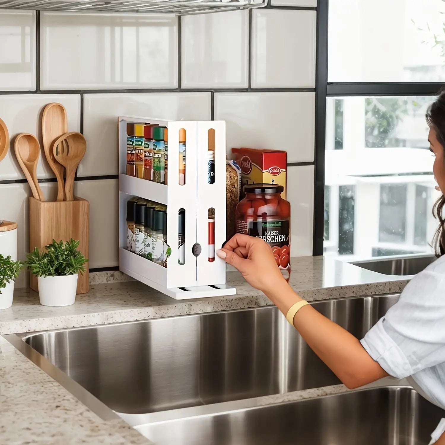 1 Large Capacity Kitchen Organizer - 2-Tier Rotating Spice Rack, Suitable for Countertops and Cabinets, Multi-functional Pull-out Storage Rack