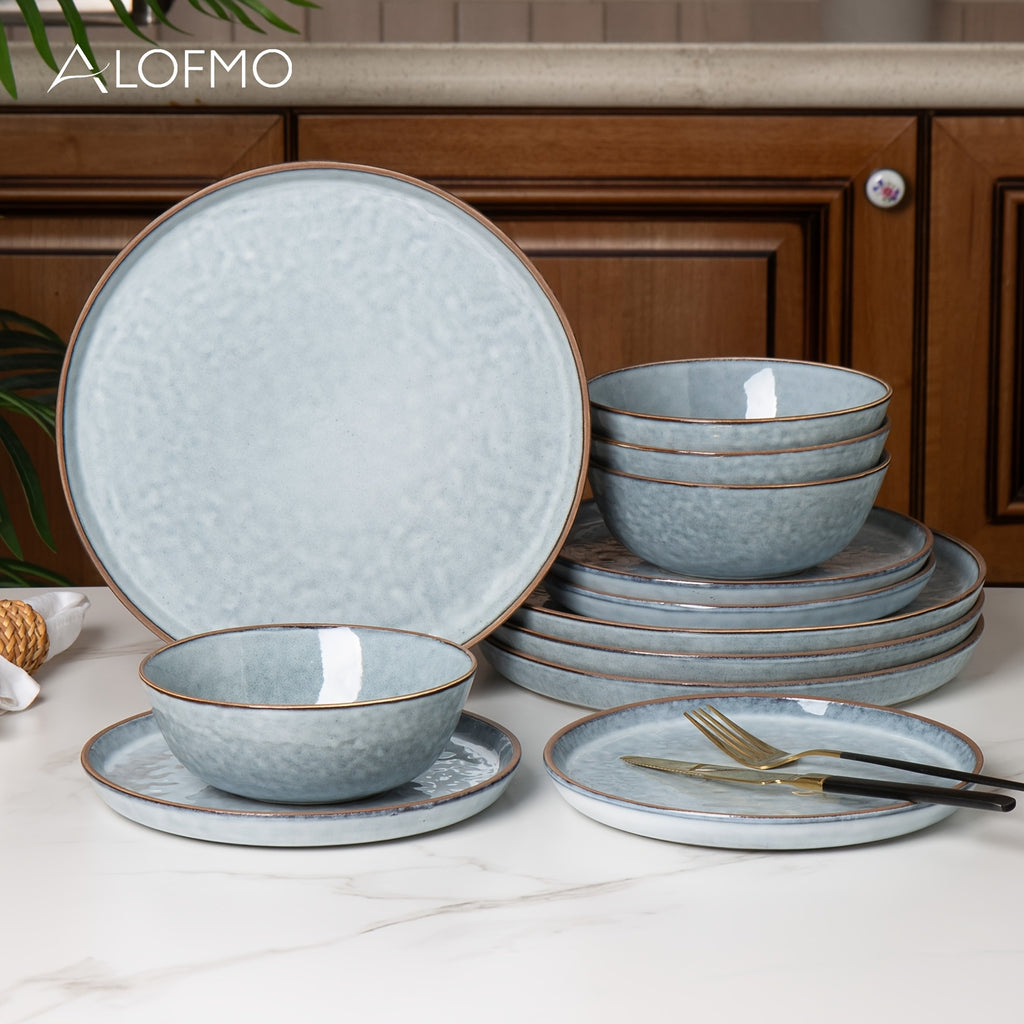 Heavy-Duty 12pcs Decorative Home Lighting – warm functional room lighting, ALOFMO 12pcs Light Grayish Blue Reactive Glaze Ceramic Dinnerware Set High-Quality Water Wave Stoneware, designed for American homes, daily convenience and practical gifting