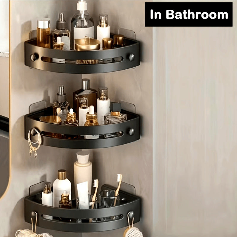 Kitchen Essential – Punch-free 3pcs Bathroom Corner Rack, Plastic Wall-mounted Toiletries and Shower Gel Storage Rack, Multi-functional Kitchen Hanging Rack, Shower Basket for Modern US Home