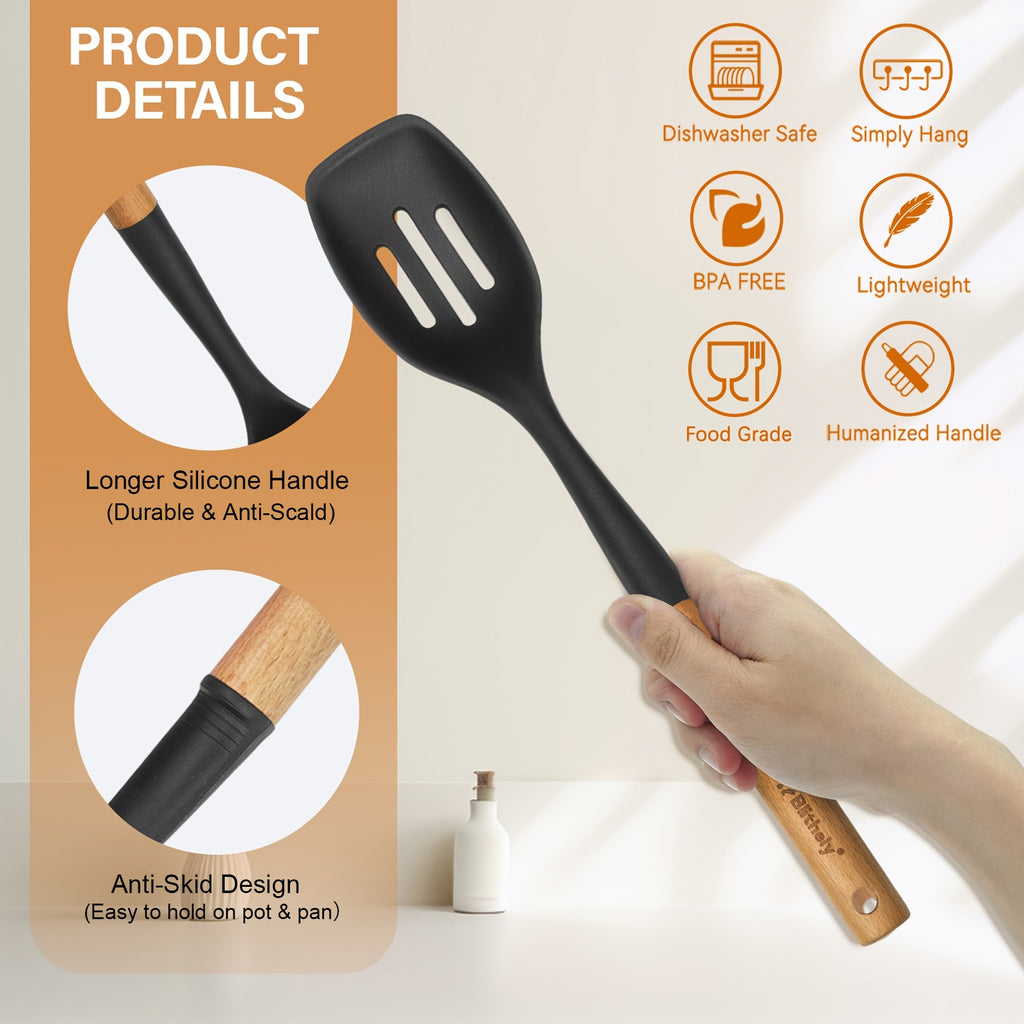 Set of 2 Silicone Cooking Spoons, Sturdy Slotted Spoon with Wooden Handle, Nonstick Silicone Kitchen Utensils for Cooking, Heat-Resistant Spatula Set for Serving, Basting, And Mixing