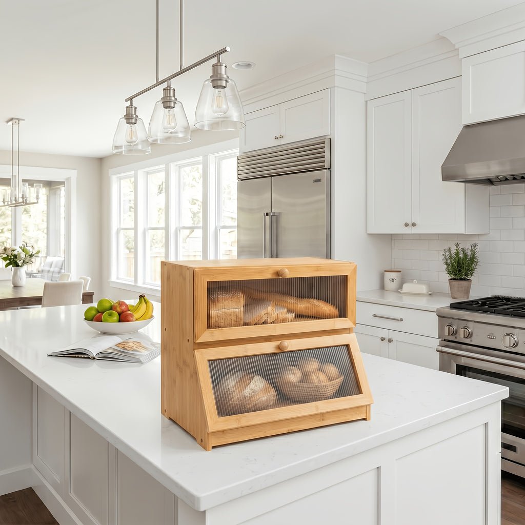 Versatile Countertop Bread Storage Box – fresh-bread countertop organization, 2-Tier Bamboo for bread Box Roll-Top Doors No Cross Flavor Natural Bamboo Countertop Food, designed for American homes, daily convenience and practical gifting