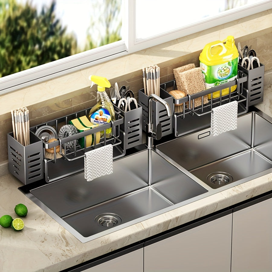 1pc Gray/Black Sink Caddy Sponge Holder for Kitchen Sink, Stainless Steel Rustproof, Bathroom Storage Basket, Kitchen Sink Caddy with Brush Holders, Chopstick Container, Kitchen Sink Organizer Dish Sponge Organizer with Dish Towel Rod