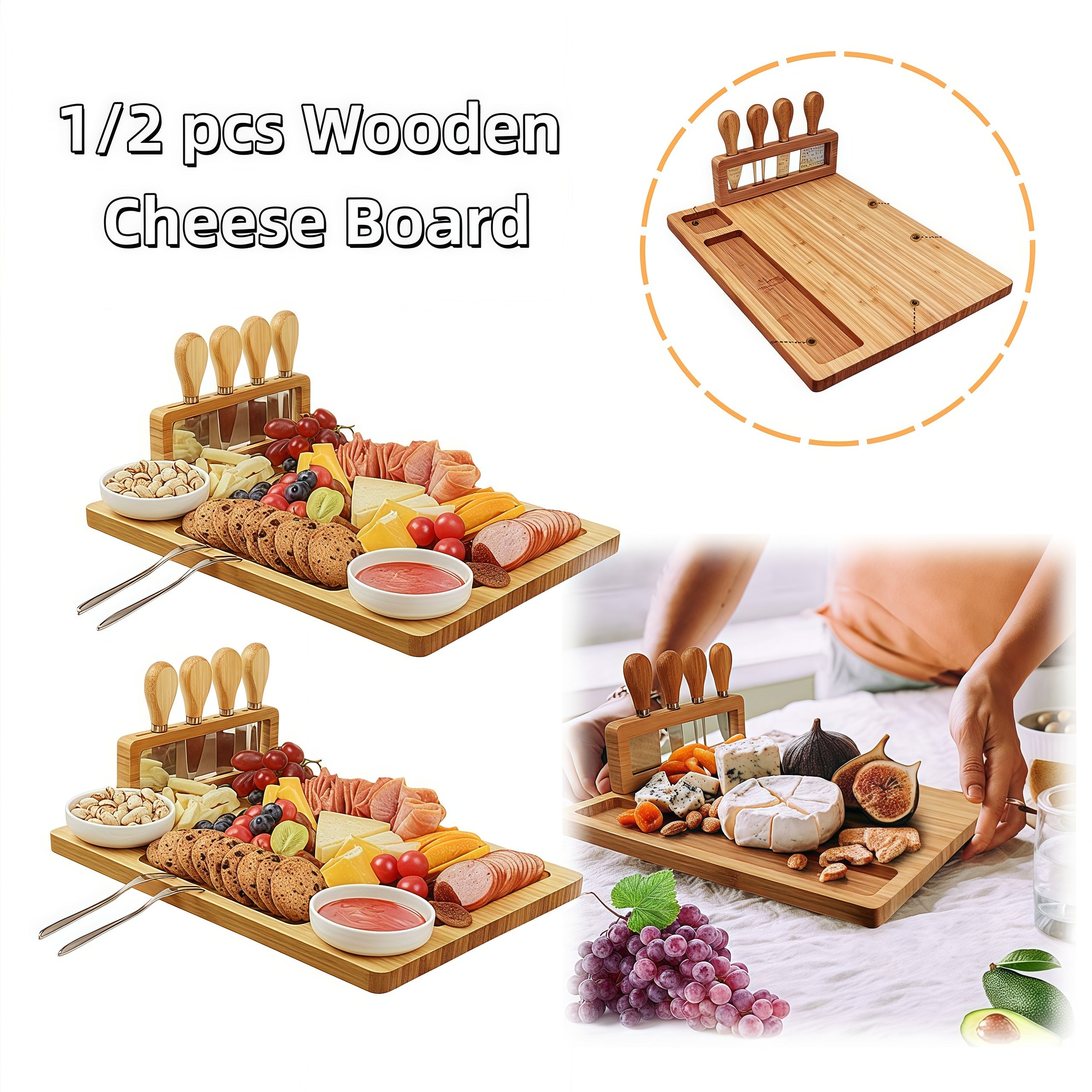 Compact Home Storage Organizer – space-saving everyday organization, Bamboo Charcuterie Board Set with 4 Stainless Steel Knives Magnetic Holder - Large Divided, designed for American homes, daily convenience and practical gifting