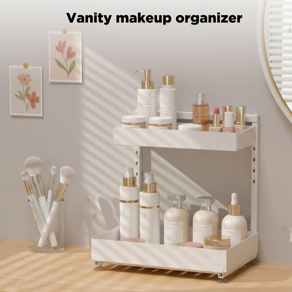 2-Pack Under Sink Organizer, 2-Tier Pull-Out Storage Rack, Adjustable Metal Cabinet Organizer for Kitchen Bathroom Pantry