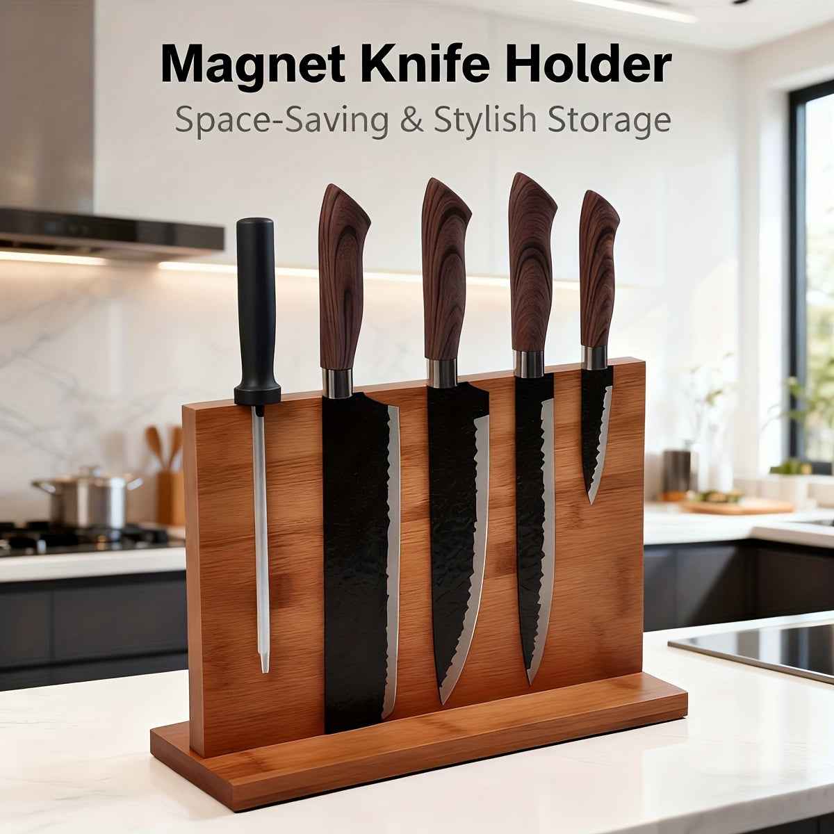Home Storage Organizer – Magnetic Knife Block & Holder - Non-Slip Magnetic Knife Stand with Knife Storage, Space-Saving Countertop Organizer, - Locking System, Board Compatible (No Knife Sha