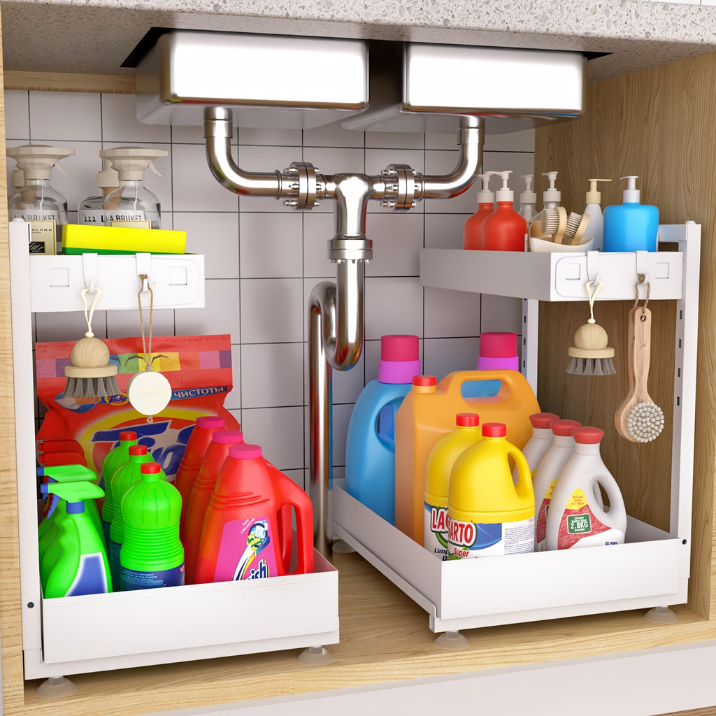 2-Pack Under Sink Organizer, 2-Tier Pull-Out Storage Rack, Adjustable Metal Cabinet Organizer for Kitchen Bathroom Pantry