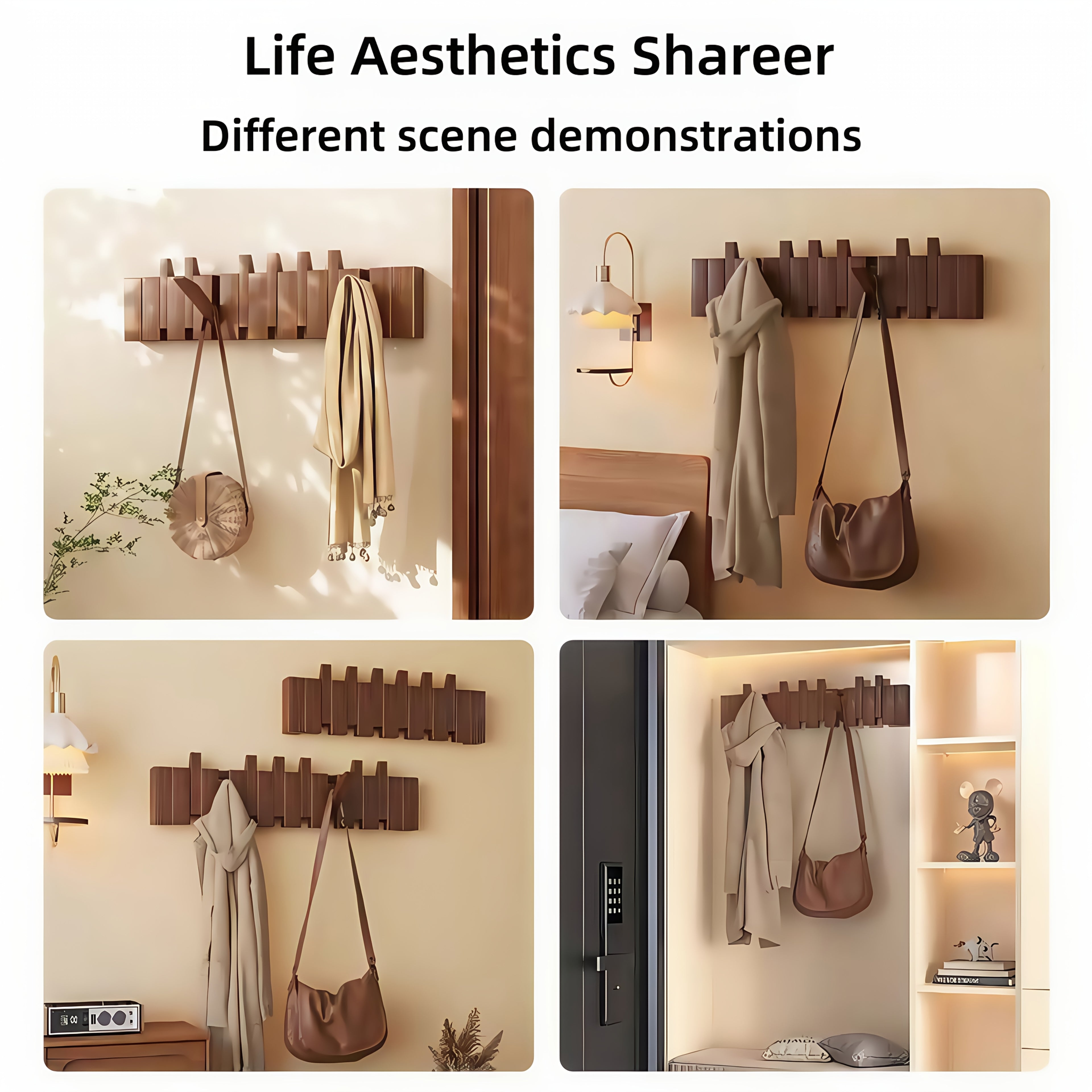 Versatile 1pc Adjustable Home Storage Rack – durable multi-purpose storage, 1pc Natural Wood Wall-Mounted Coat Rack with 10 Hooks - Piano-Shaped Accordion Design Walnut, designed for American homes, daily convenience and practical gifting