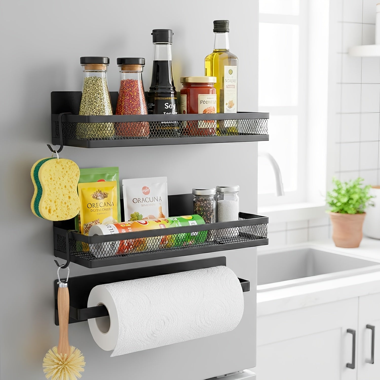 2/3/5pcs Multifunctional Magnetic Refrigerator Spice Organizer Set, Magnetic Kitchen Paper Towel Holder, Magnetic Refrigerator Kitchen, Space Saving Design, Hole-Free Design, Kitchen Accessories, Home Decoration, Utility Shelves