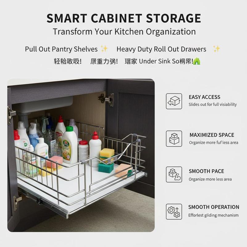 Sliding Cupboard Tray 11'Wx21'Dx2.5'H for Kitchen Pantry Bathroom, Heavy Duty Metal Construction Smooth Glide Rails Space Organization Under Sink Storage 13.5'Wx22'Dx7'H Cabinet Fitment