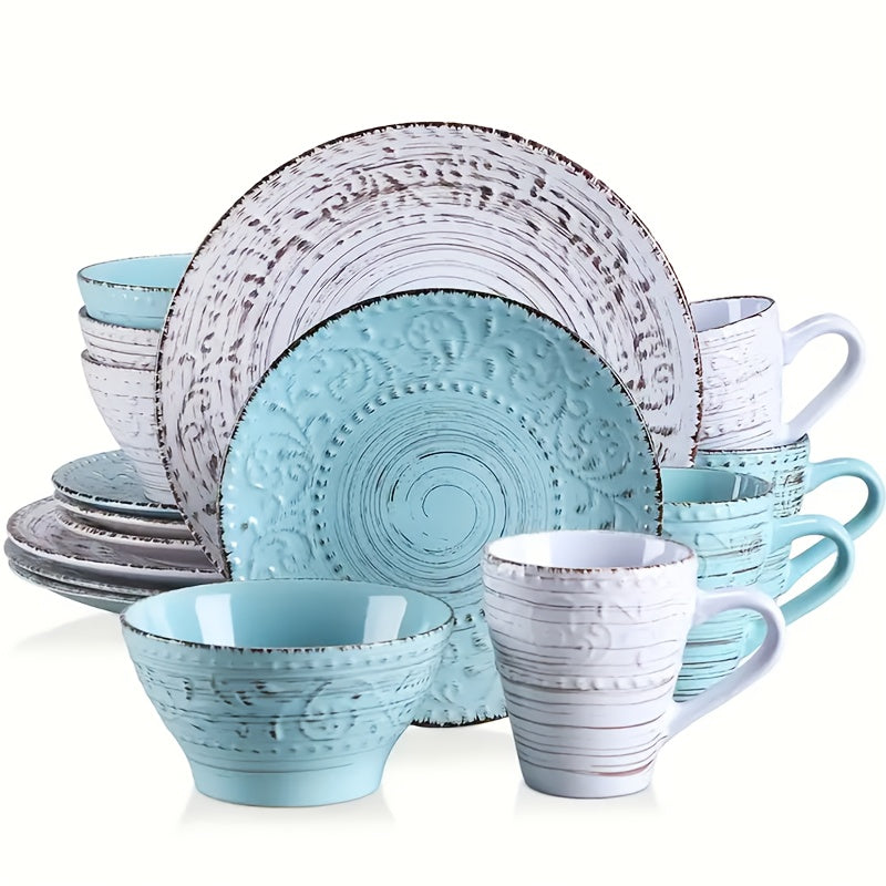 [Gifts Weddings Anniversaries] 16pcs Dinnerware Set Service for 4, Blue & Coffee Color Stoneware Set, Bowls Set, Dishes Set, Including Dinner Plates, Dessert Plates, Salad Bowls And Mugs. Chip & Scratch Resistant. Dishwasher & Microwave Safe. Gifts for We