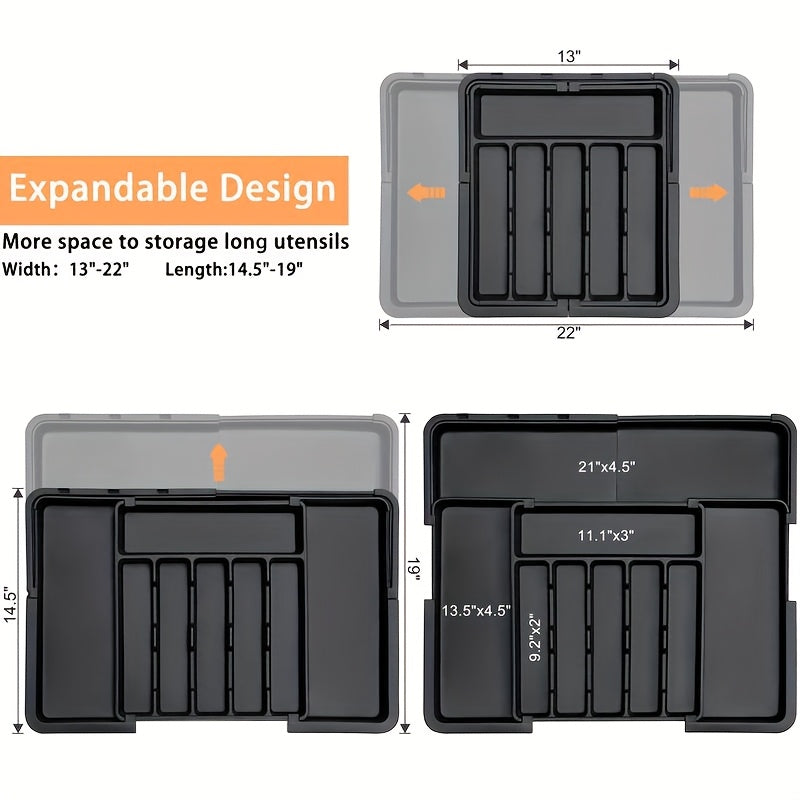 Expandable Kitchen Utensil Drawer Organizer with Nine Compartments, Suitable for Forks And Knives, Measuring 13"-22" in Width And 14.5"-19" in Length