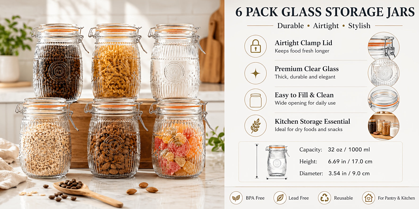 Easy-Access 32oz Mason Jar Set – clear pantry organization, reusable lidded storage, designed for American kitchens, pantries, apartments, home organization, daily use and practical gifting