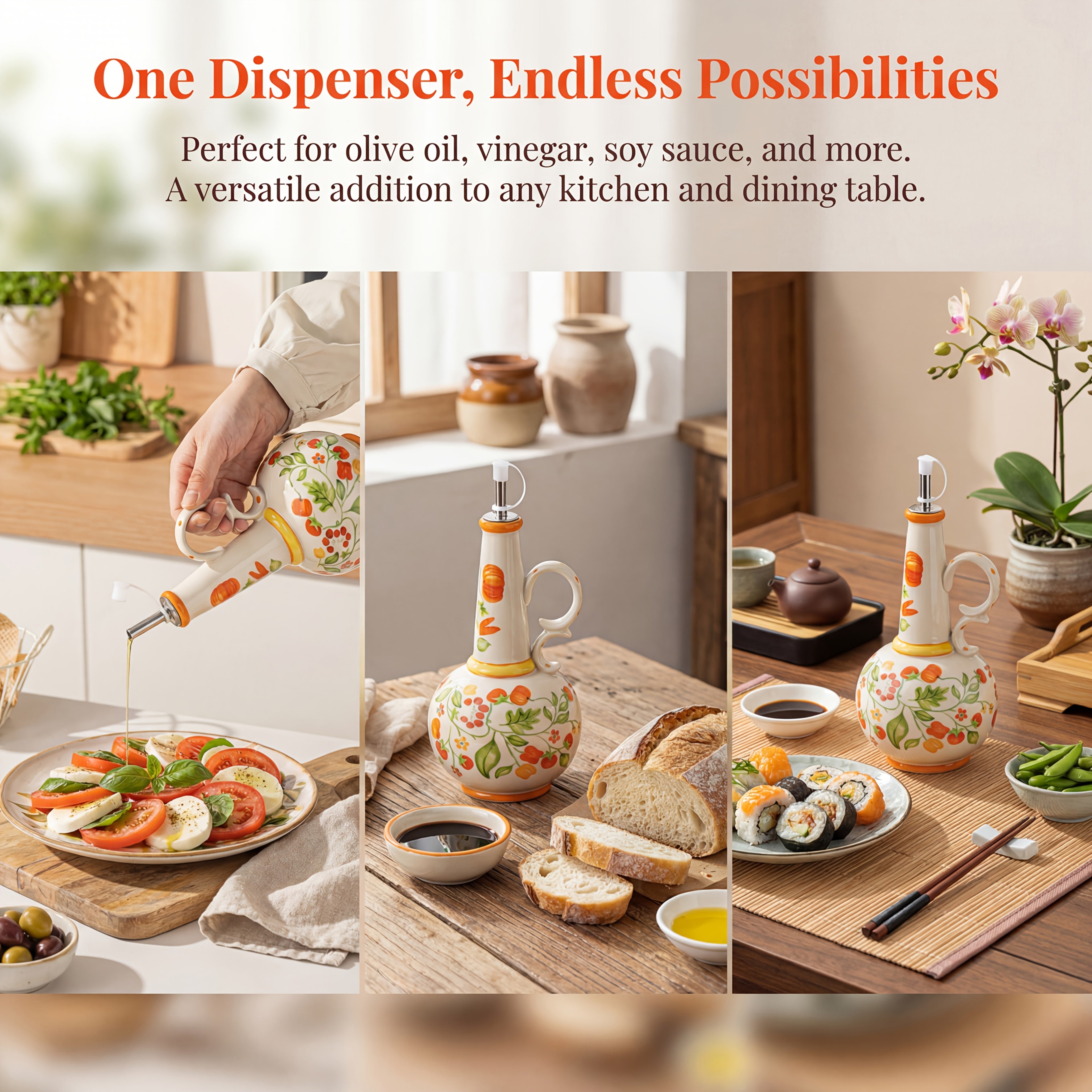 1pc Hand-Painted Ceramic 650Ml (21.98Oz) Leakproof Oil And Vinegar Cruet with Autumn Pumpkin Pattern, Refillable Oil Bottle for Olive Oil, Vinegar, And Soy Sauce, Farmhouse Thanksgiving Kitchen Decor