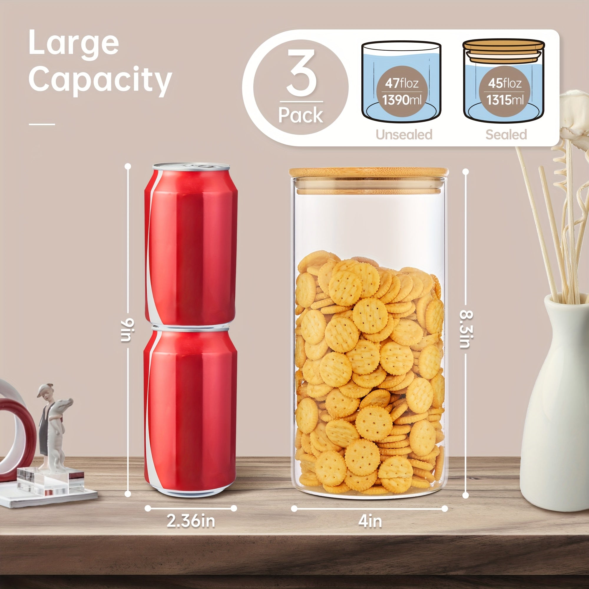 Space-Saving 3 Pack Airtight Storage Jar Set – clear reusable pantry storage, 3 Pack 45 Oz Glass Jars With Bamboo Lids Airtight Pantry Storage Containers For, designed for American homes, daily convenience and practical gifting