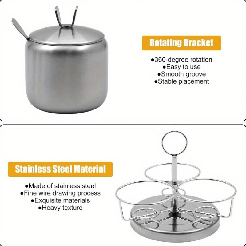 Premium 3pcs Adjustable Home Storage Rack – durable multi-purpose storage, 3pcs Stainless Steel Rotating Spice Rack Condiment Set with Spinning Base Lids Spoons -, designed for American homes, daily convenience and practical gifting