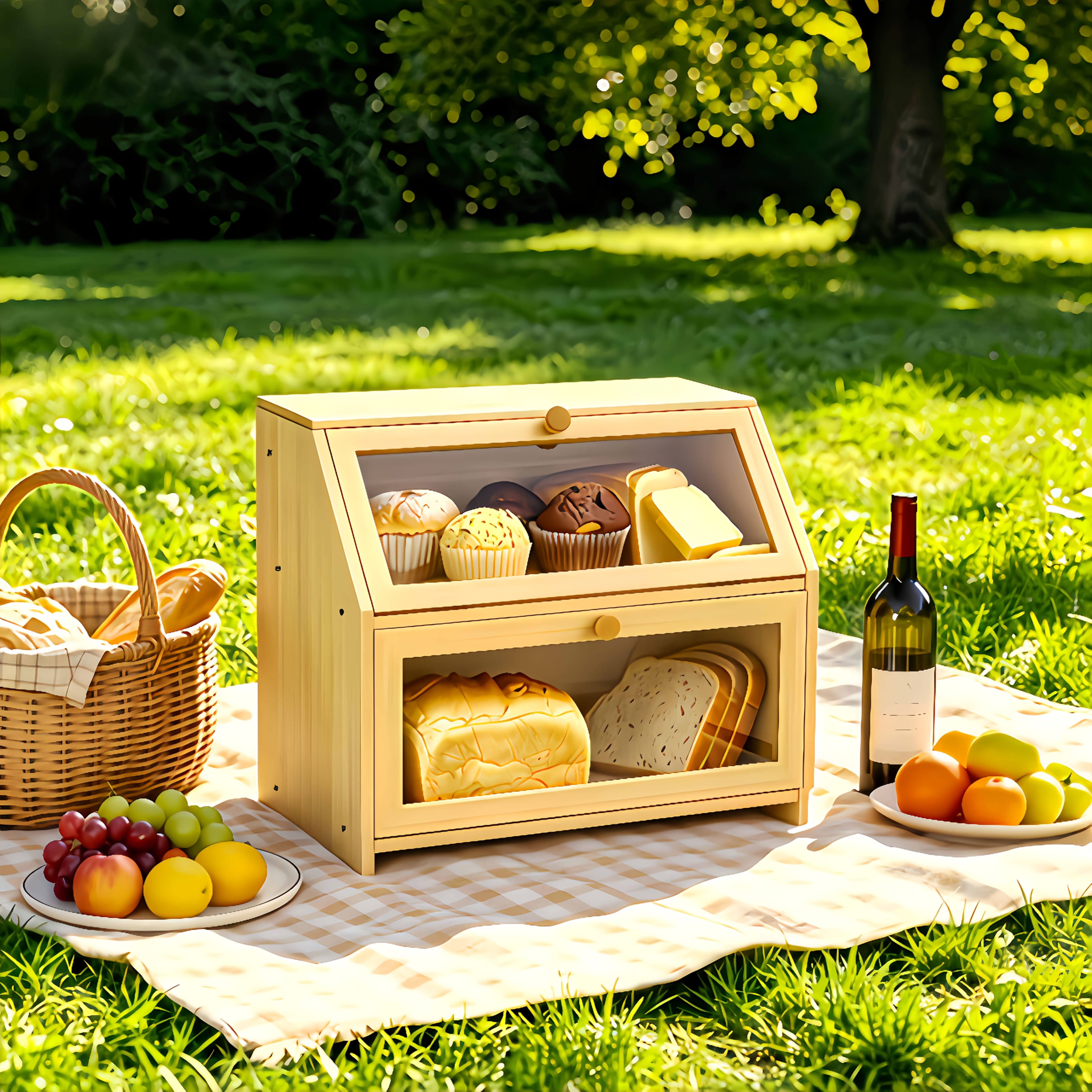 Countertop Bread Box With Transparent Window |Double-Layer Bread Storage Box For Kitchen | Large-Capacity Food Storage Container.