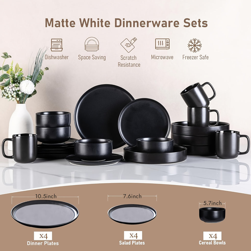 12pcs Matte Black Stoneware, Scratch  Stylish Straight Shapes Plates And Bowls, Christmas Kitchen Accessories, Service for 4, Minimalist Round Style, Microwave And Dishwasher Safe