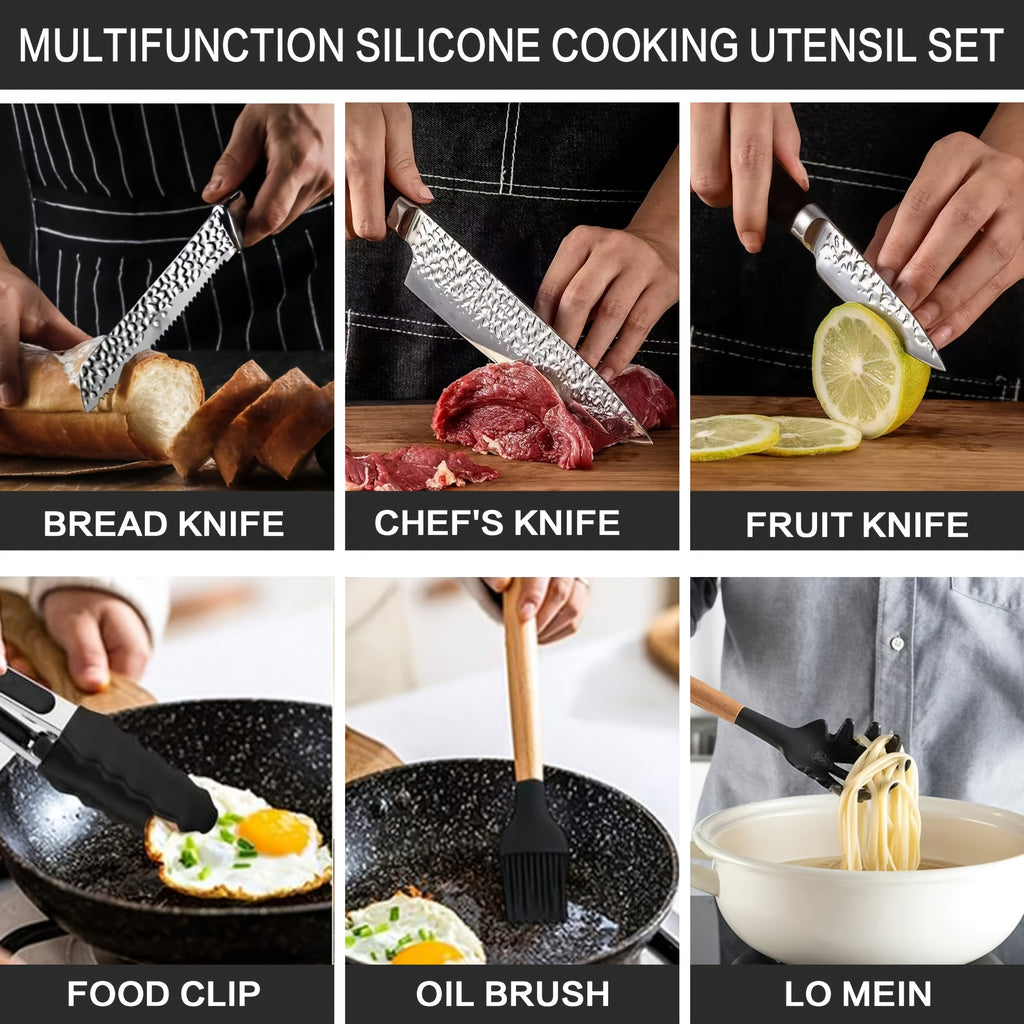 19pcs Silicone Kitchenware Knife Sets, Kitchen Accessories, Made Of Heat Resistant Food Grade Silicone And Wooden Handles Kitchen Gadgets Tools Set Nonstick Cookware, Perfect Easter & Mother's Day Gifts for Home Kitchen, Kitchen Gadgets Set
