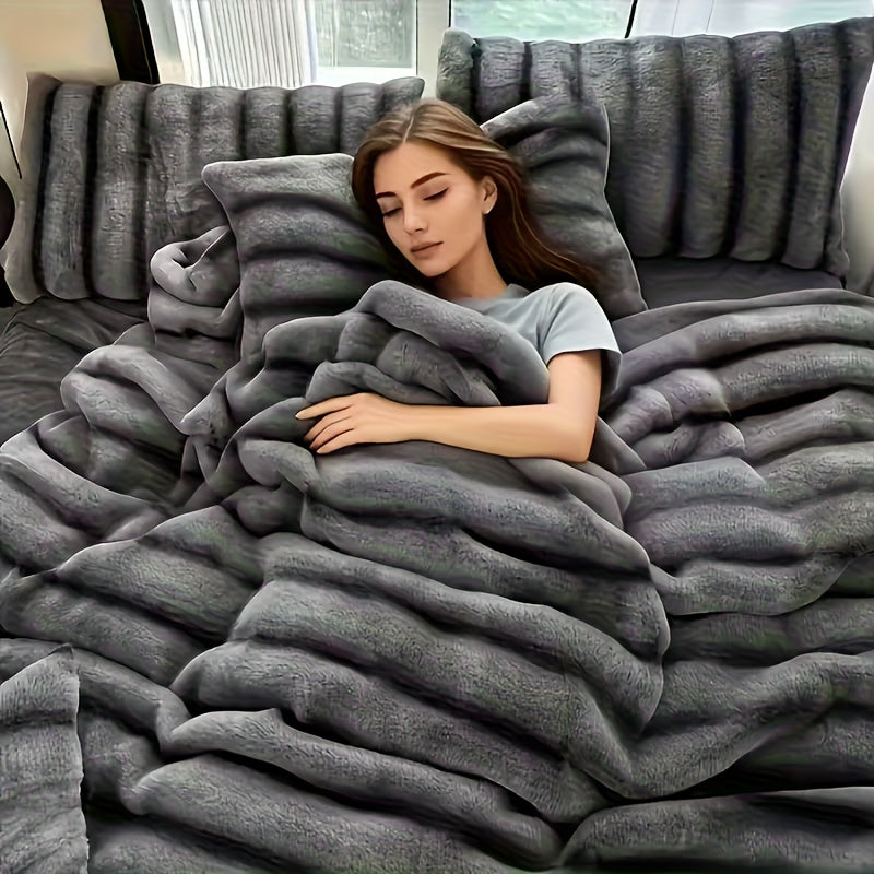 Smart Cozy Home Textile Accent – comfortable everyday home styling, Striped Luxurious Faux Rabbit Fur Throw Blanket Ultra-Soft Double-sided Blanket Kids Blanket ClassicStripe Pattern, designed for American homes, daily convenience and practical gifti