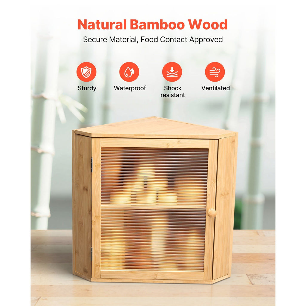 VEVOR Corner Bread Box for Kitchen Counter Double Layer Bamboo Storage Container Black / Natural