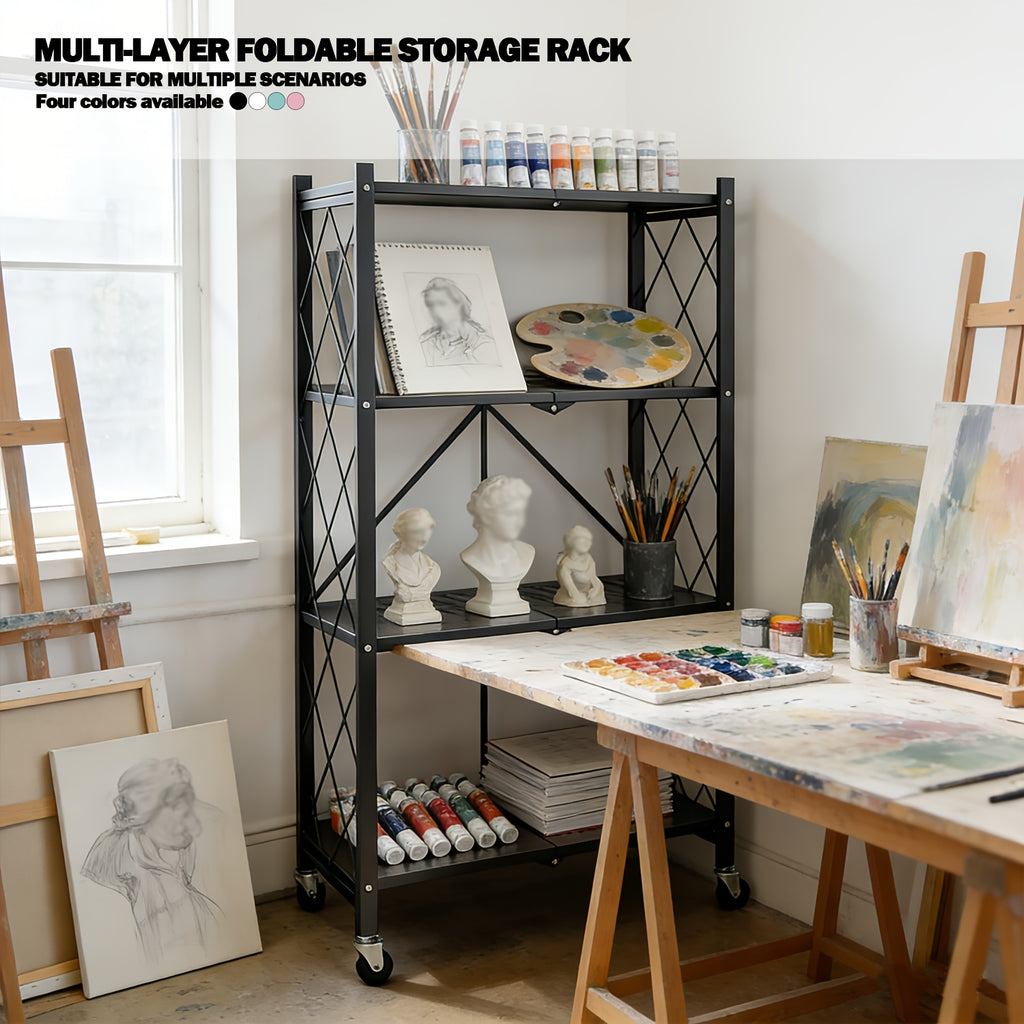 Compact Adjustable Home Storage Rack – durable multi-purpose storage, 5 4 3-Tier Heavy-Duty Folding Storage Rack With Wheels - Portable Multi-Layer Floor-standing Shelf, designed for American homes, daily convenience and practical gifting