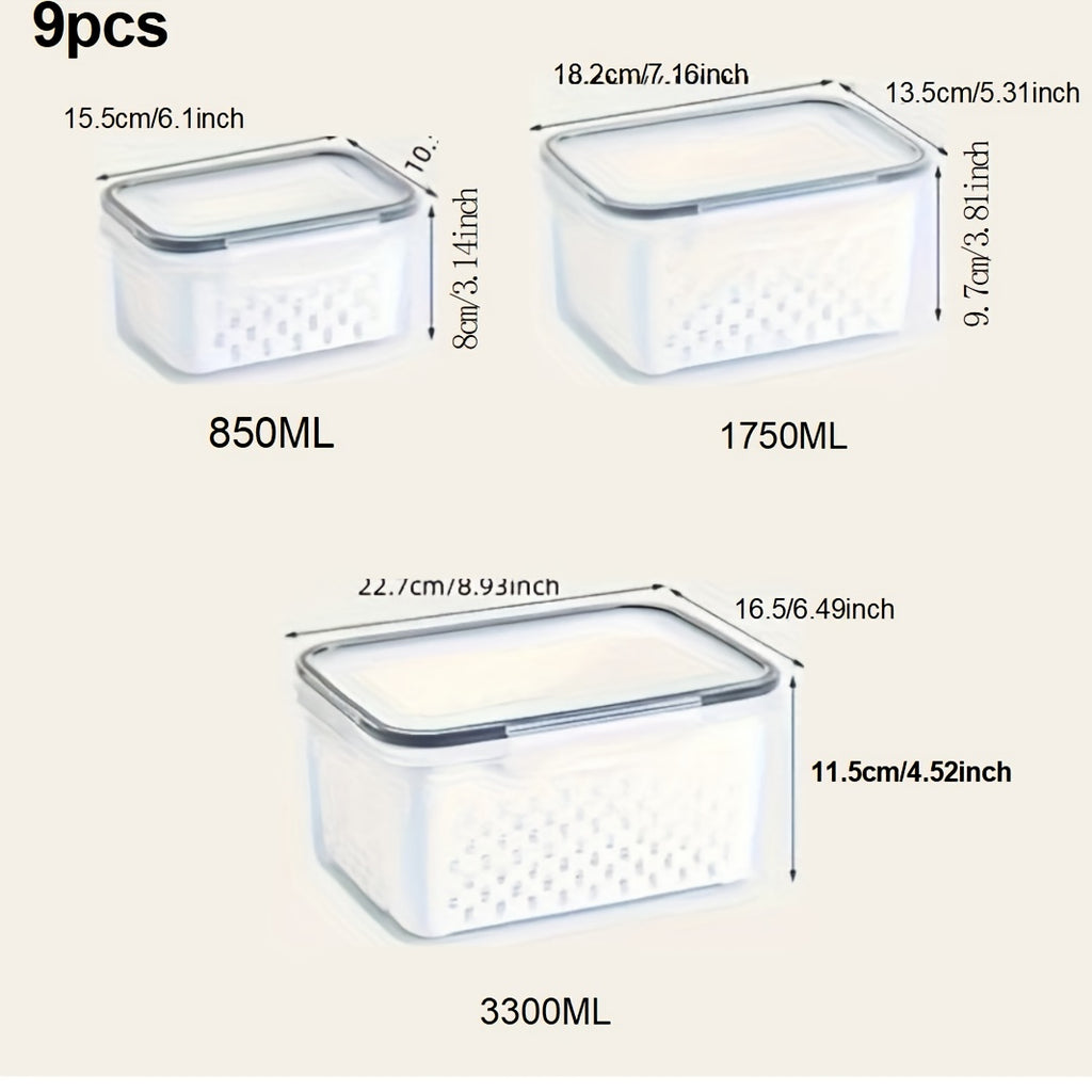 Kitchen Essential – 9pcs BPA-Free Immune Plastic Food Storage Container Set with Drain Basket and Lids - Leakproof, Fridge-Safe, Reusable Multi-Purpose Kitchen Organizer for Fruits, Vegetabl