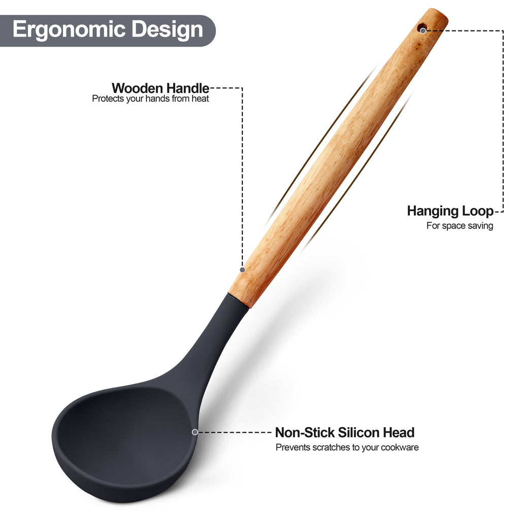 Kitchen Essential – 35 Piece Kitchen Utensils Set with Holder - Heat Resistant Wooden Handle - Silicone Non-Stick Cooking Spatula, Kitchen Essentials Tools and Gadgets for Modern US Homes, e