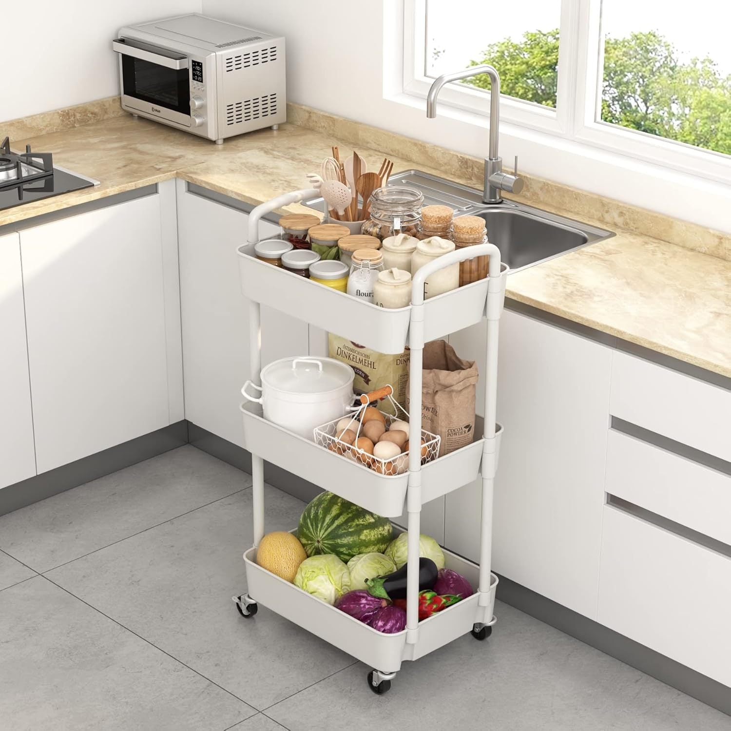 Smart Adjustable Home Storage Rack – durable multi-purpose storage, 3-Tier Plastic Rolling Utility Cart with Handle Multi-Functional Storage Trolley for Office Living Room, designed for American homes, daily convenience and practical gifting