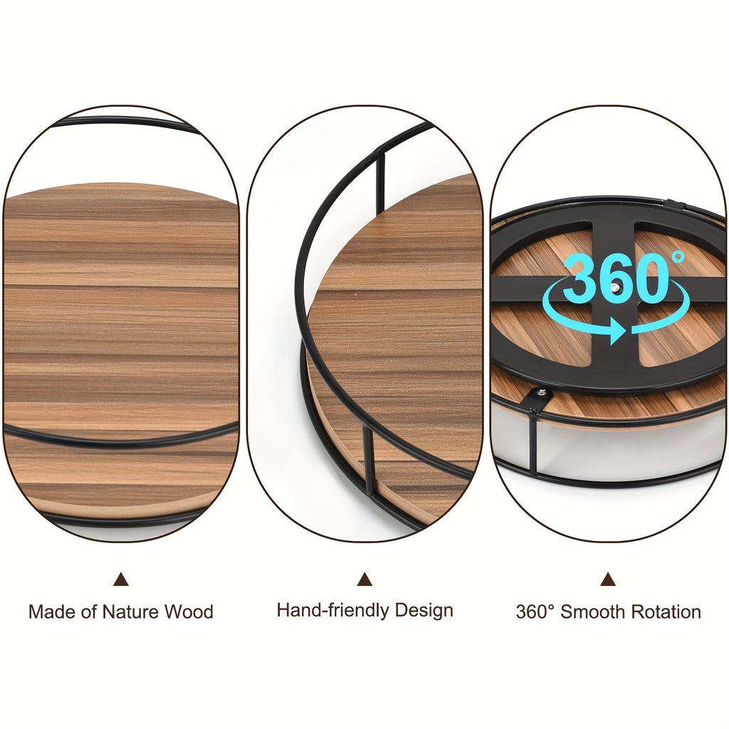 12 Inch Lazy Susan Turntable for Table, Kitchen Rustic Brown Turntable Organizer with Steel Frame, 360 Degree Decorative Lazy Susan for Countertop Cabinet Or Centerpieces