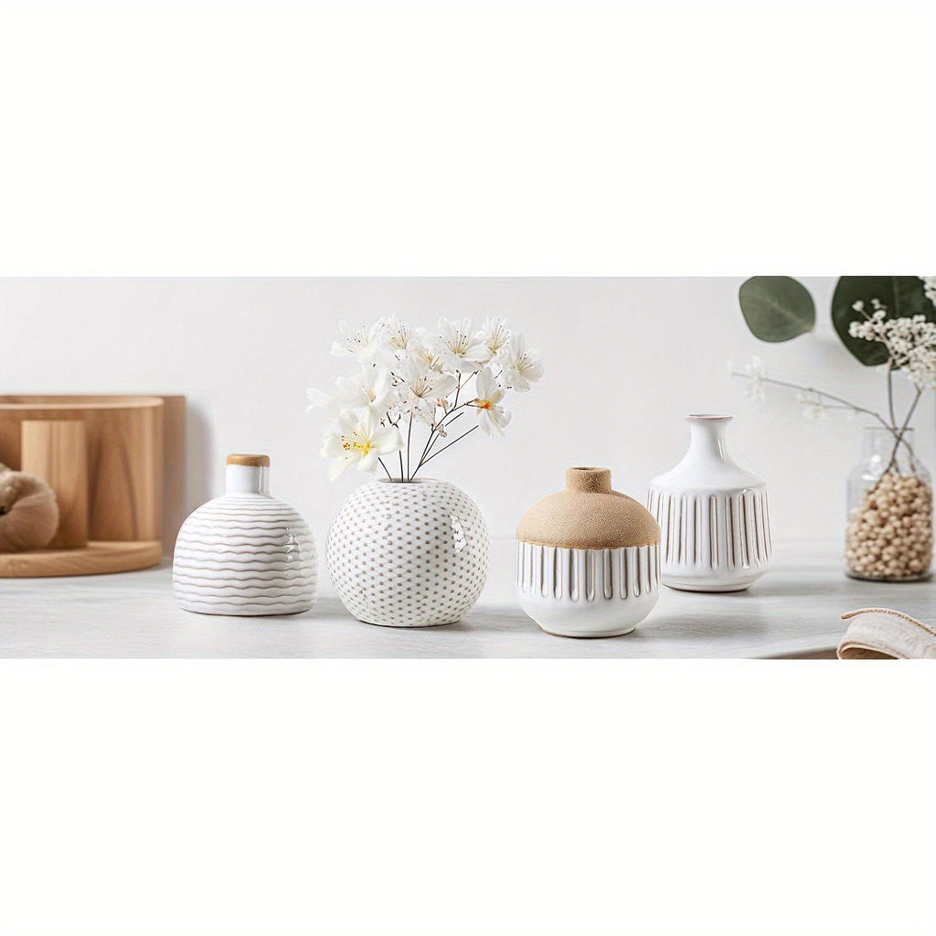 4pcs Bohemian Minimalist Small Ceramic Vases, Suitable for Bedrooms, Living Rooms, Offices, Fireplace Centers, Used as Farmhouse and Rural Retro Vase Home Decorations, and Various Holiday Gifts.