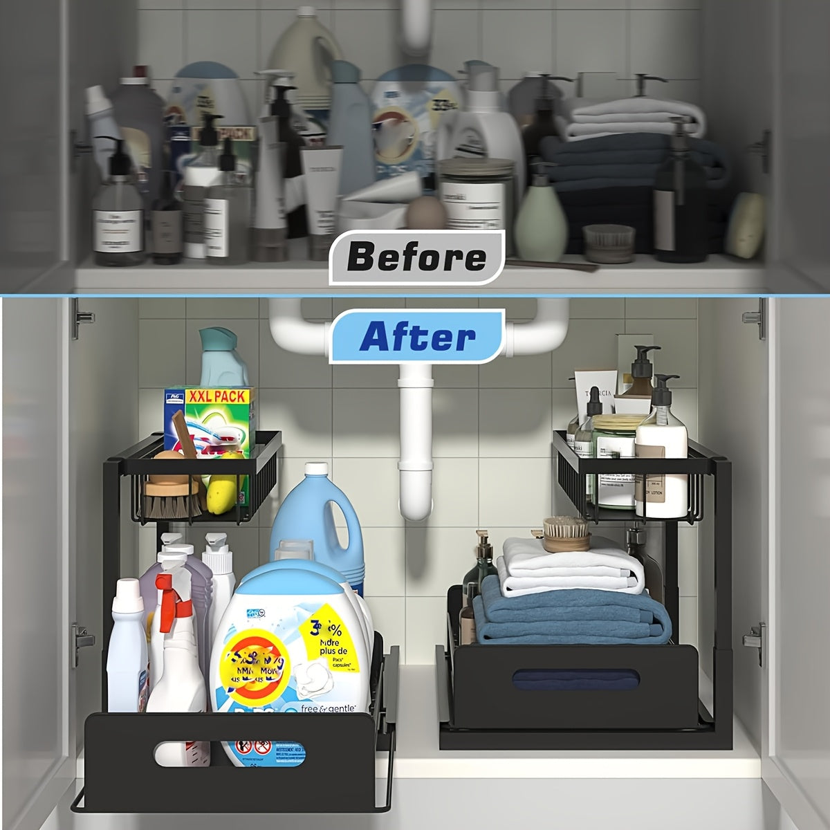 2-Tier Under Sink Organizers And Storage, Under Sink Organizer, Slide Out Pull Out Cabinet Organizer Shelf, Metal Sliding Drawer for Kitchen Bathroom Pantry Cabinet Closet Organization Rack (1 PACK/2 PACK)