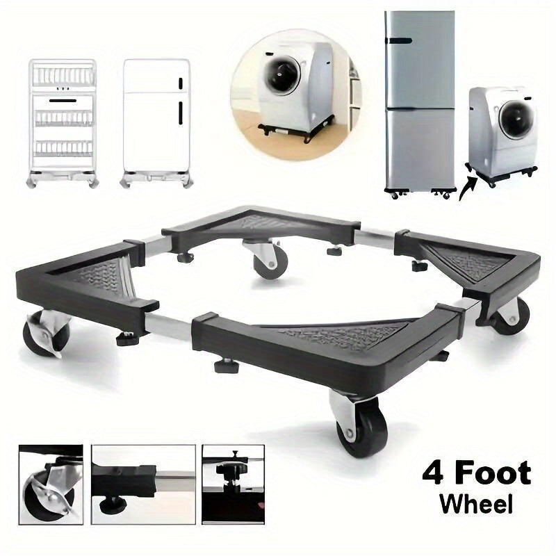 1pc Stainless Steel Mobile Device Trolley with 4 Locking Wheels - Adjustable Drum Base for Refrigerator, Washer and Dryer - Space-saving Kitchen Storage Rack with Telescopic Stand and Sliding Casters