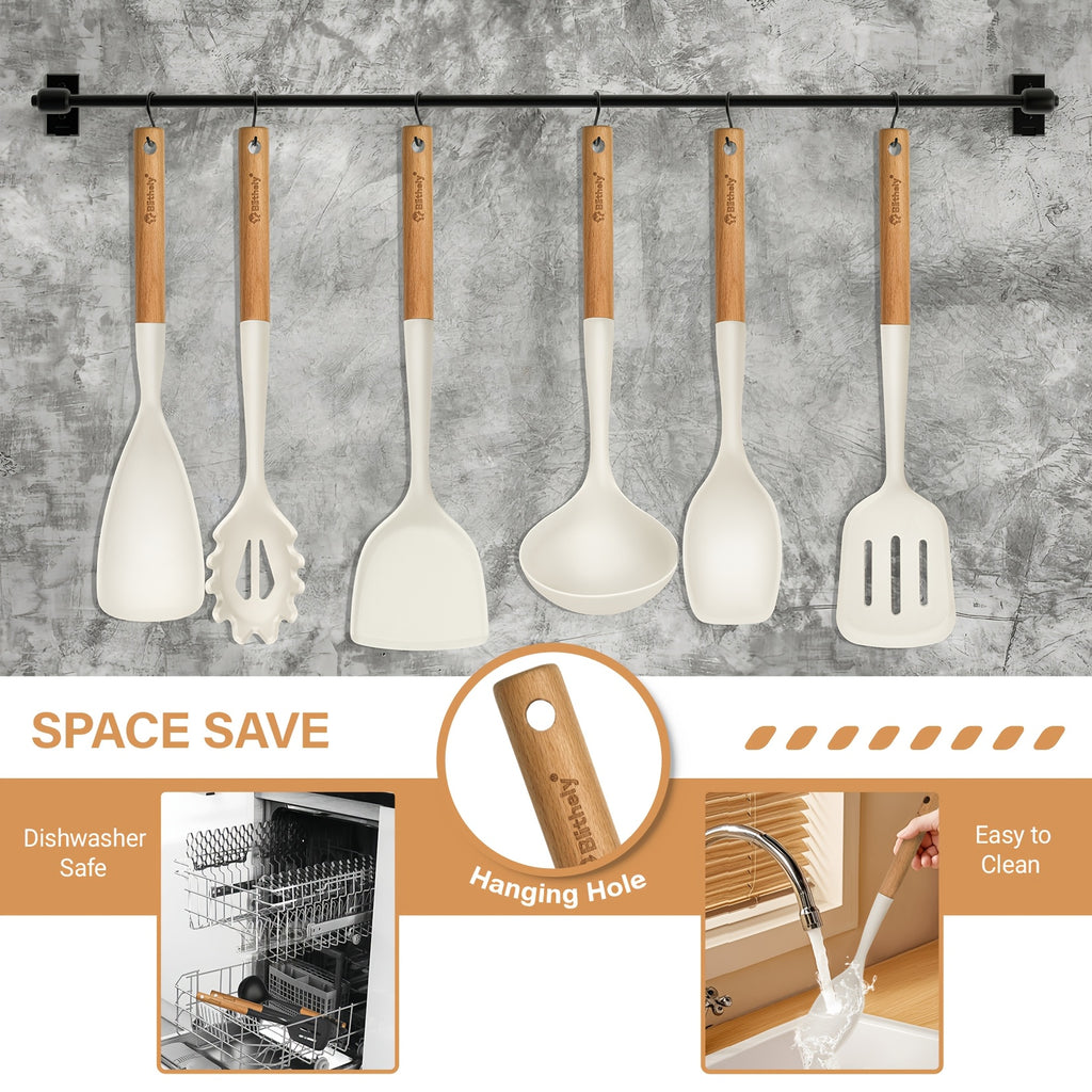 10Pcs Silicone Cooking Utensils Set , Nonstick Kitchen Utensils Set with Wooden Handle, Heat Resistant Spatula Set for Cooking, Heat Resistant Silicone Kitchen Gadgets Tools with Spoons, Spatula Set, Turners