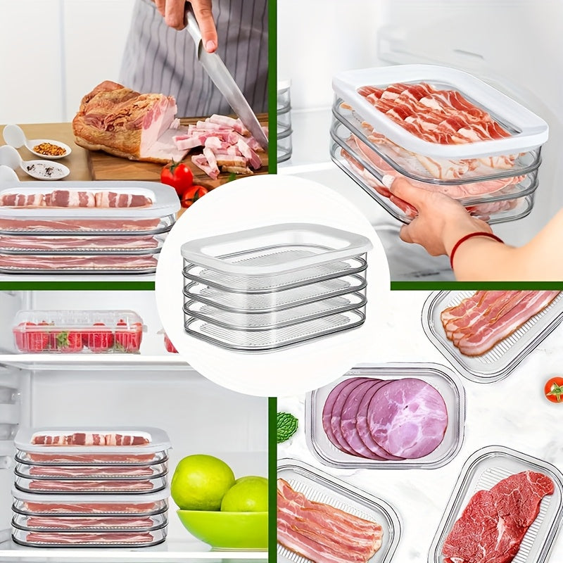 Kitchen Essential – 4-Tier Set of Stackable Refrigerated Containers for Meat with a Lid- Refrigerator Organizer Box, Meat Preservation Container, Ideal for Storing Vegetables, Fruits, And En