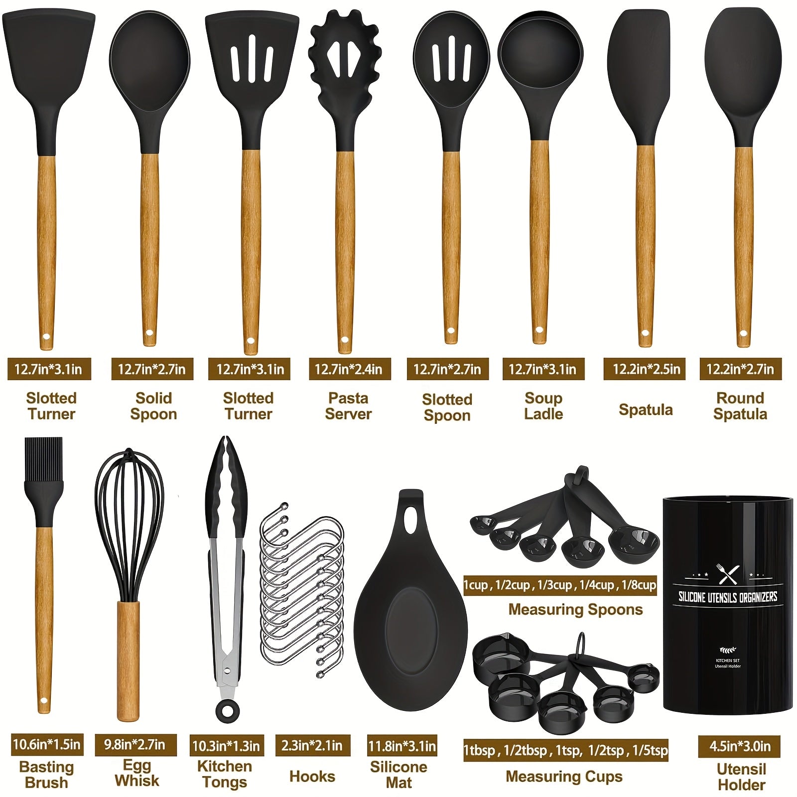 Kitchen Utensils Set- 34pcs Silicone Cooking Utensils With Holder, Heat Resistant Kitchen Utensil Spatula Set For Nonstick Cookware, Black Wooden Handles Kitchen Gadgets Tools Set Father Gift